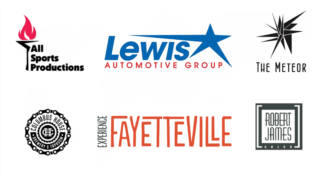 Image contains logos for the sponsors of the Fayetteville Wheelman. These sponsors include: All Sports Productions, Lewis Automotive Group, The Meteor, Columbus House Brewery and Taproom, Experience Fayetteville, and Robert James Salon.